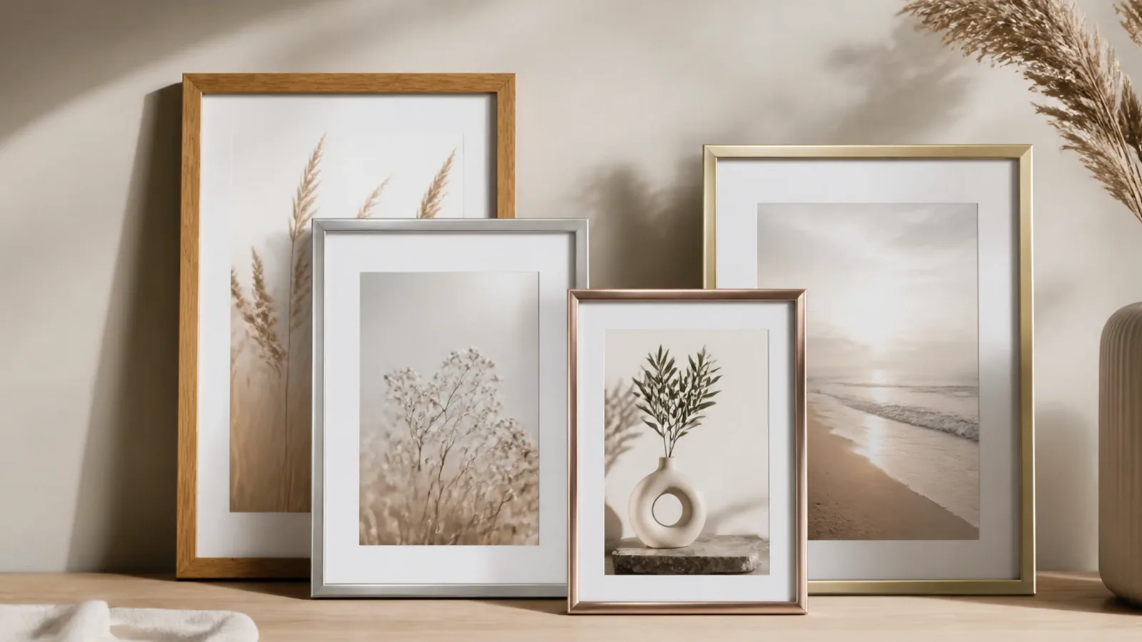 Vier fotolijsten in verschillende materialen en formaten op een dressoir