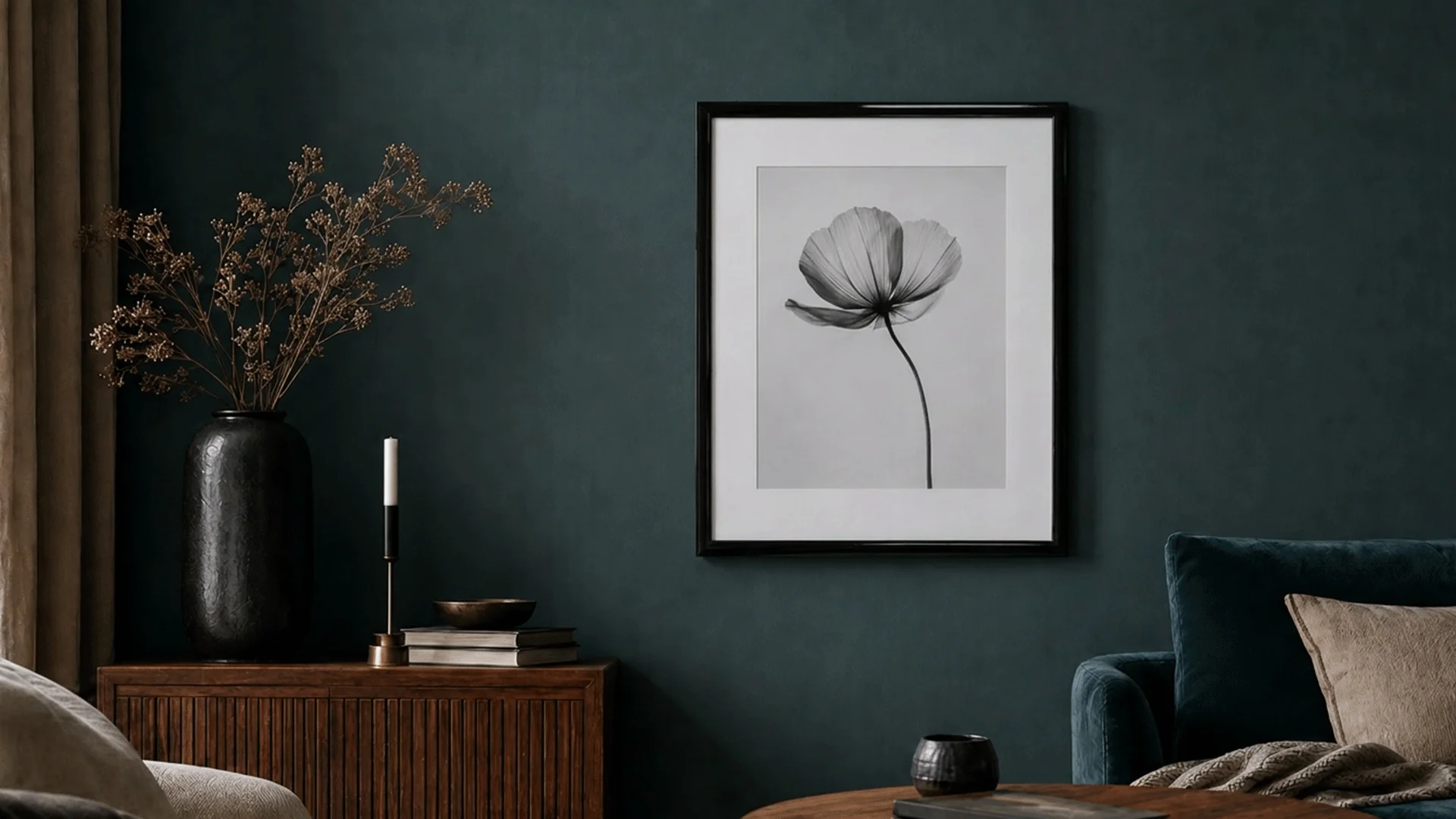 Fotolijst Greta in hoogglans zwart voor een petrolkleurige muur