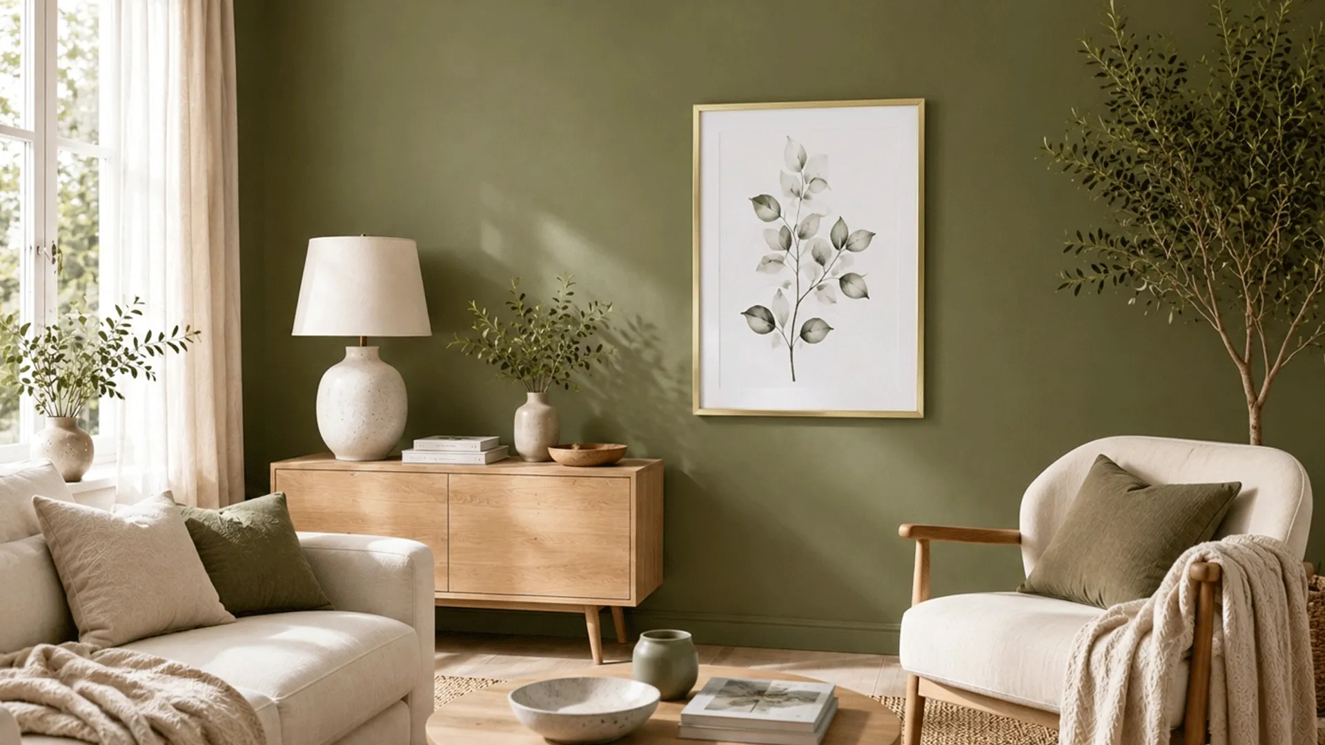 Fotolijst Mika in goud voor een olijfgroene muur