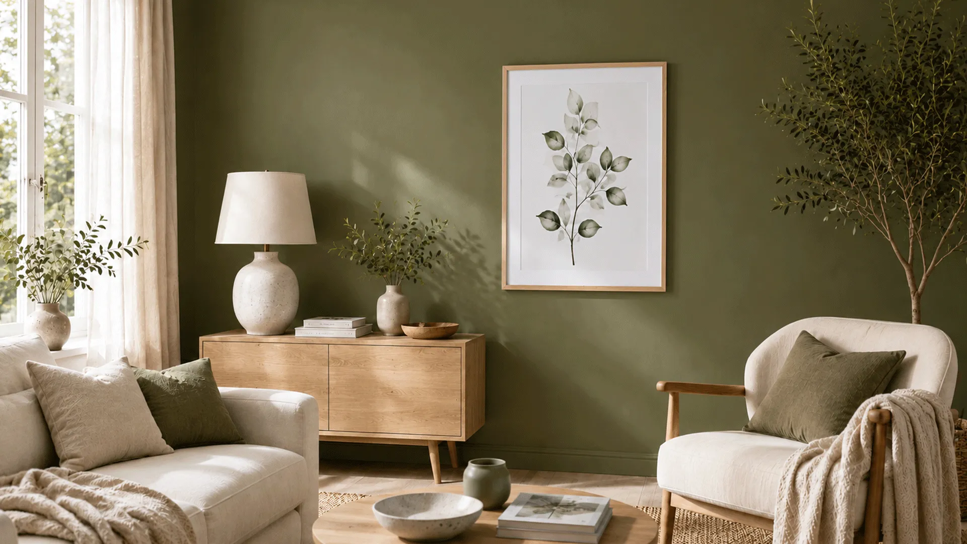 Fotolijst Sophie van eikenhout voor een olijfgroene muur