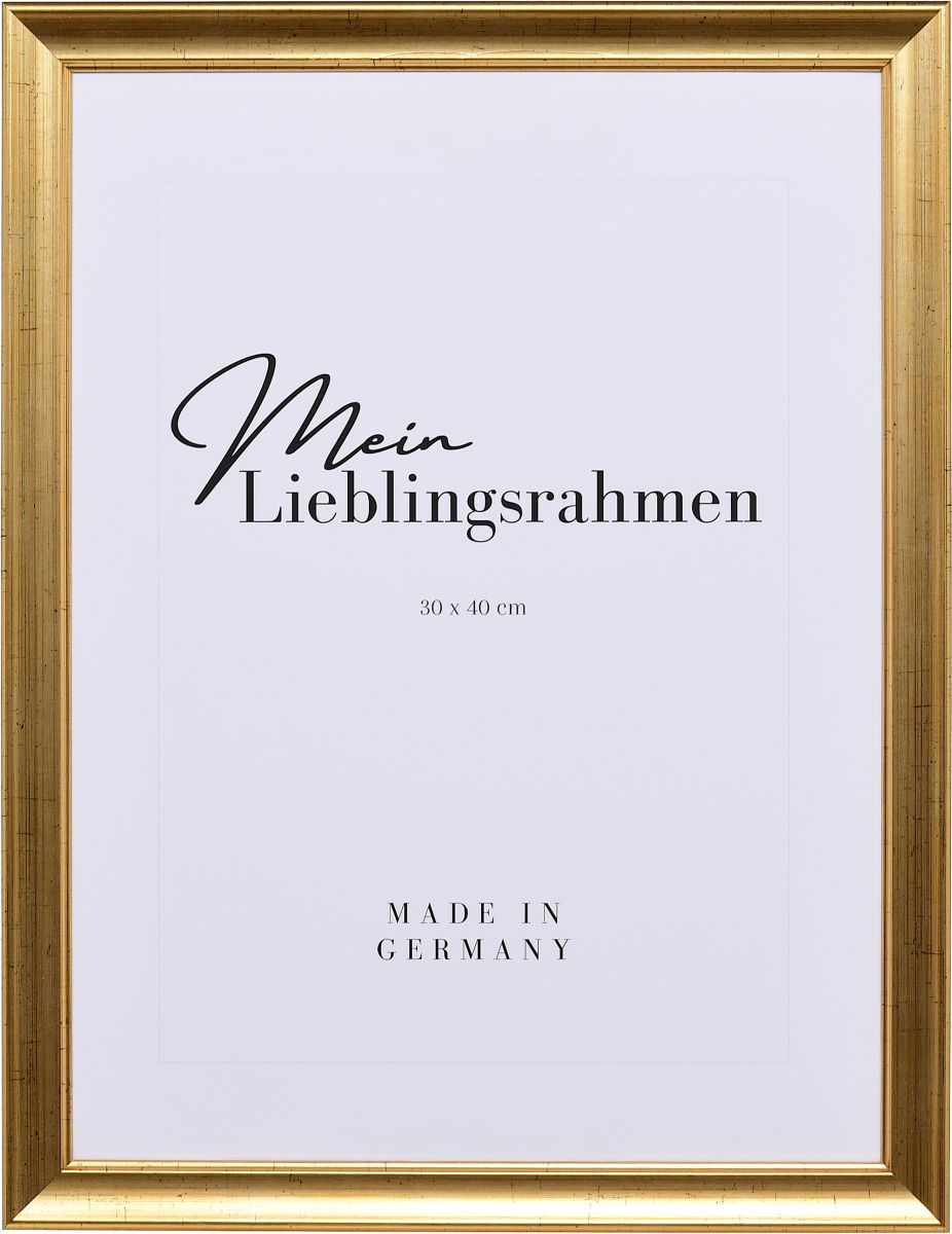 Vooraanzicht van een klassieke houten lijst in de kleur oudgoud met lengteborsteling, glad oppervlak, holprofiel en een geprofileerde binnenrand