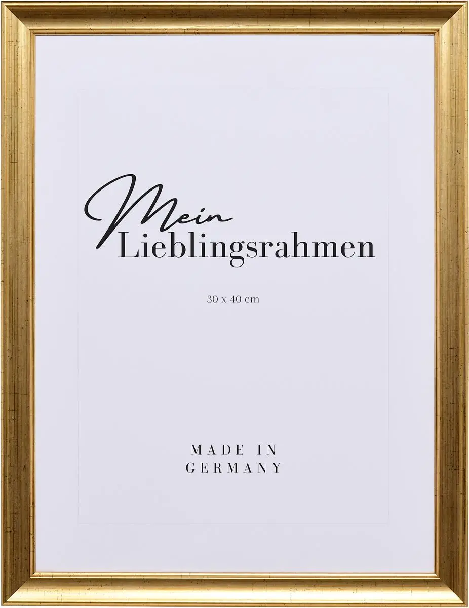 Vooraanzicht van een klassieke houten lijst in de kleur oudgoud met lengteborsteling, glad oppervlak, holprofiel en een geprofileerde binnenrand