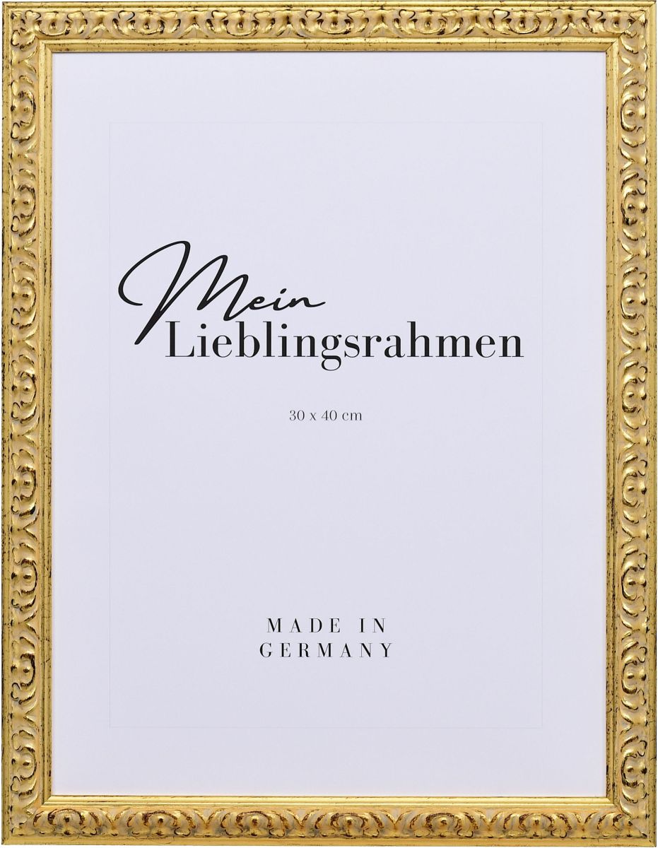 Frontansicht eines goldenen, aufwendig geformten, barocken Holzrahmens mit floraler Ornamentik und in Handarbeit aufgebÃ¼rstetem Schlagmetall