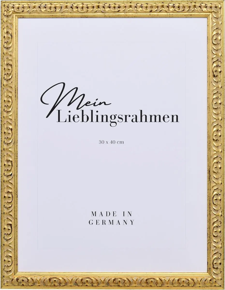 Frontansicht eines goldenen, aufwendig geformten, barocken Holzrahmens mit floraler Ornamentik und in Handarbeit aufgebÃ¼rstetem Schlagmetall