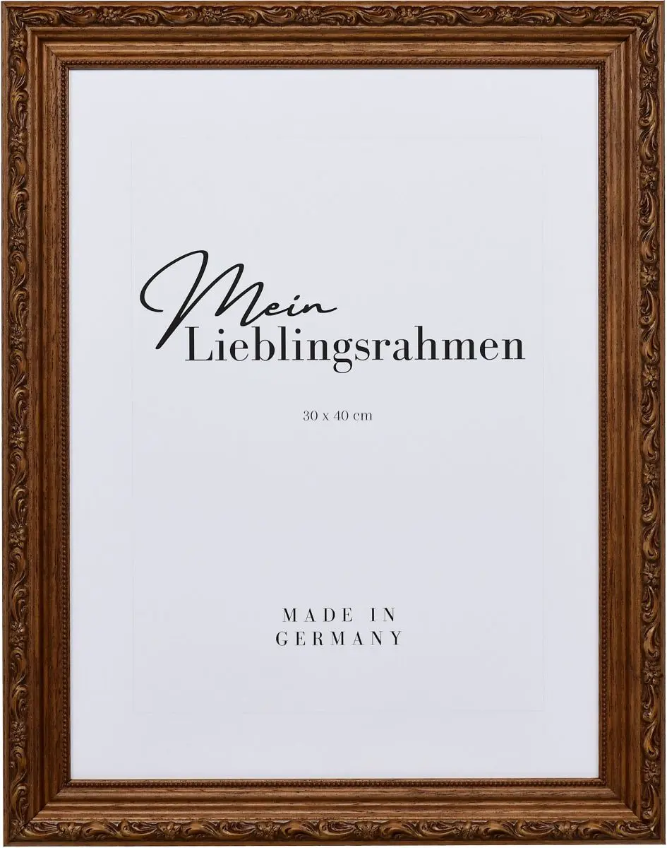 Frontansicht eines braunen Holzrahmens im Barockstil mit rustikaler, nussbaumgebeizter OberflÃ¤che, floralen Ornamenten und einem Perlstab an der Innenkante