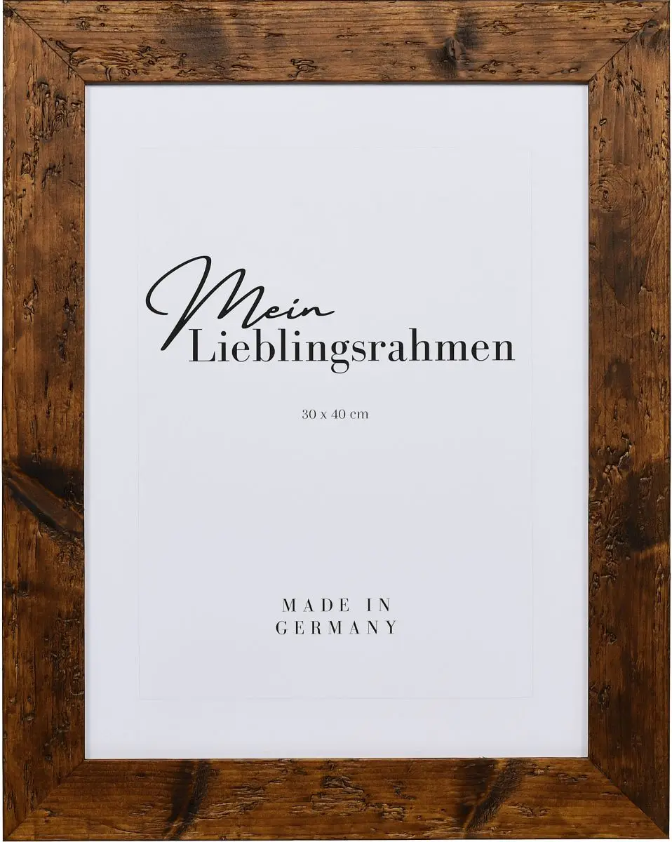 Frontansicht eines rustikalen, braunen Holzrahmens mit rechteckigem Flachprofil im Used Look