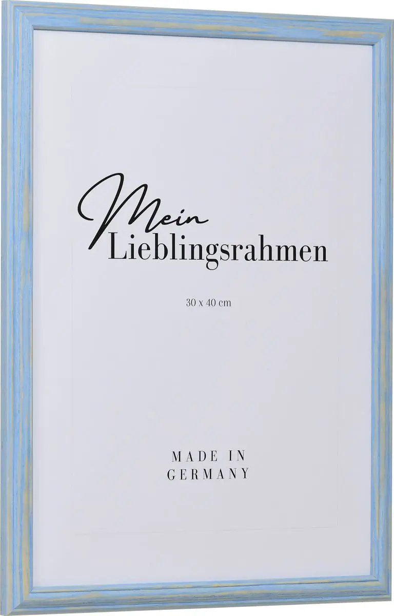 Seitenansicht eines blauen, pastelligen Holzrahmens im Landhausstil, mit einer abgeflachten WÃ¶lbung und einer erhobenen Au