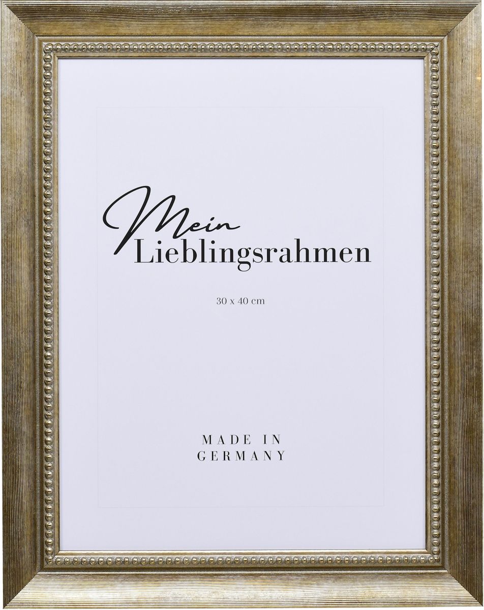 Frontansicht eines goldenen Bilderrahmens mit einer durch ein PrÃ¤gerad aufgebrachten OberflÃ¤che und einem Perlstab