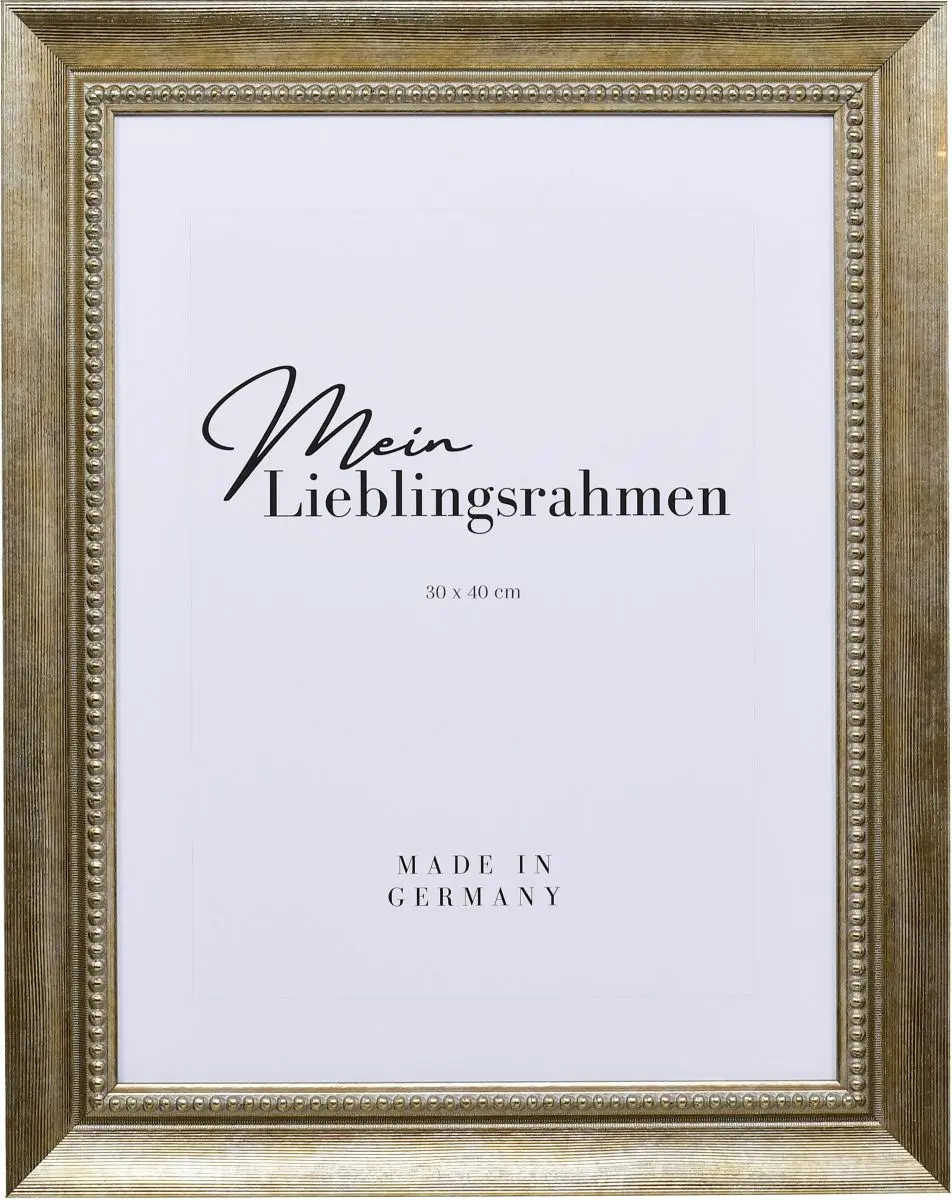 Frontansicht eines goldenen Bilderrahmens mit einer durch ein PrÃ¤gerad aufgebrachten OberflÃ¤che und einem Perlstab