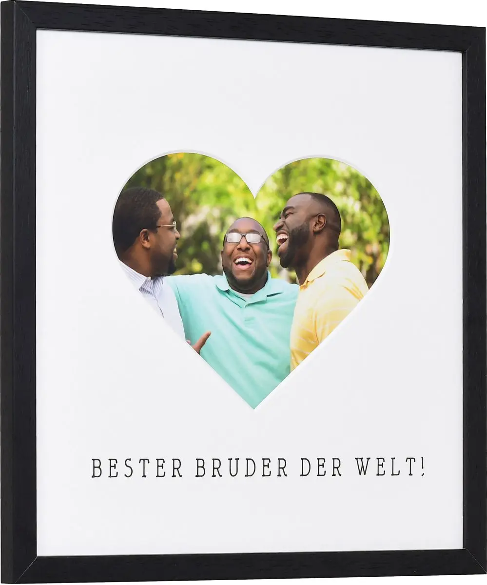 seitliche Ansicht eines Bilderrahmens mit Herzausschnitt fÃ¼r den besten Bruder der Welt in der Farbe Schwarz