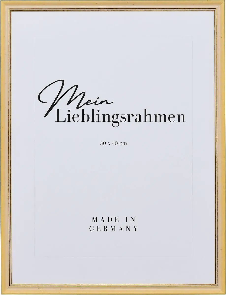 Frontansicht eines gelben Holzrahmens im Retro Style mit leicht aufgerauter OberflÃ¤che und goldener Zierkante