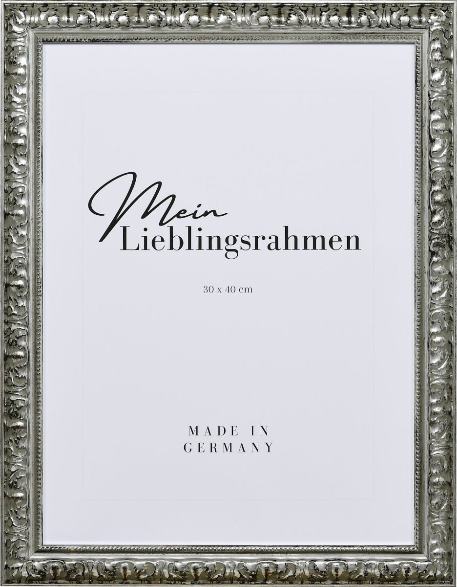 Frontansicht eines silbernen Holzrahmens im eleganten, barocken Look mit in Handarbeit aufgebÃ¼rstetem Schlagmetall und Perlkante