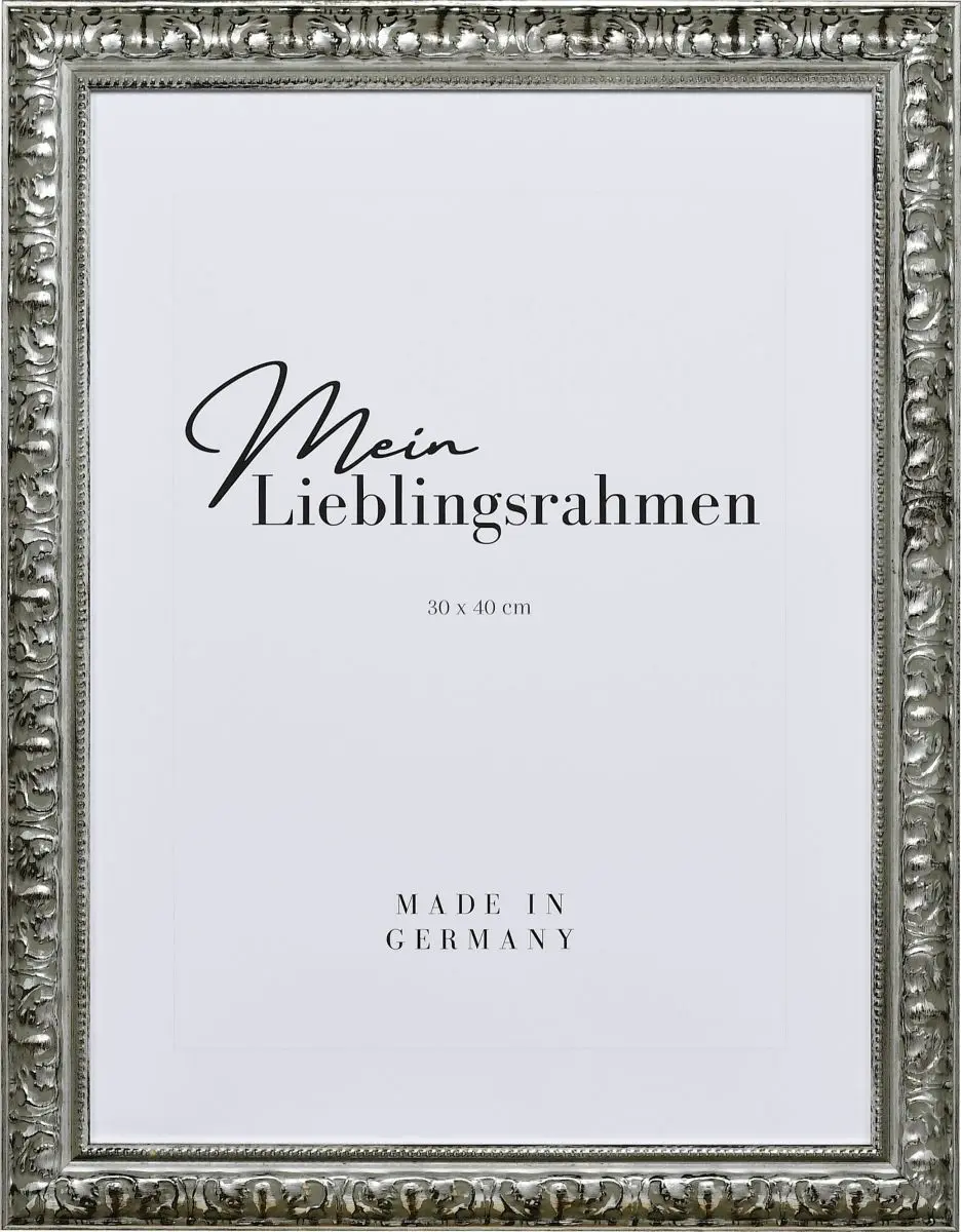 Frontansicht eines silbernen Holzrahmens im eleganten, barocken Look mit in Handarbeit aufgebÃ¼rstetem Schlagmetall und Perlkante