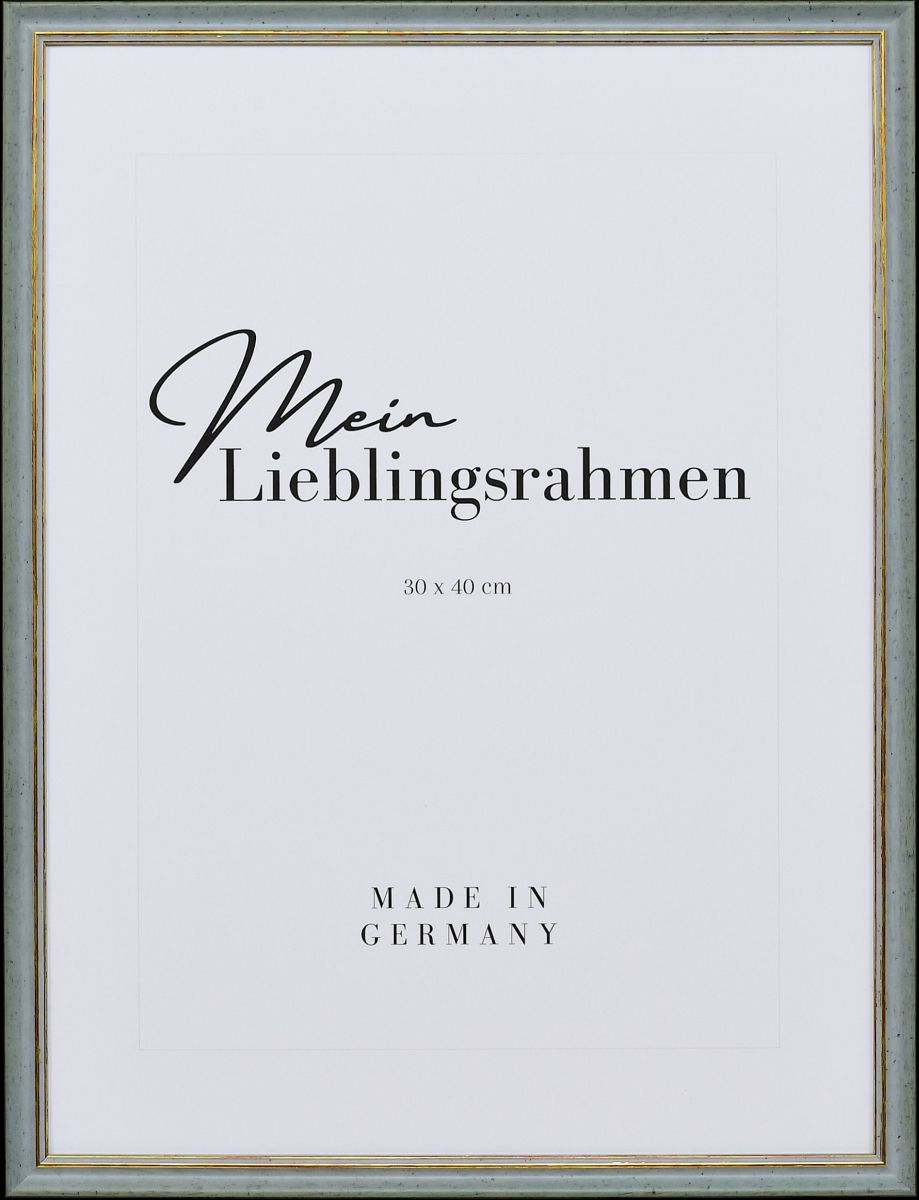 Frontansicht eines blauen shabby chic Holzrahmens mit leicht aufgerauter OberflÃ¤che und goldener Zierkante