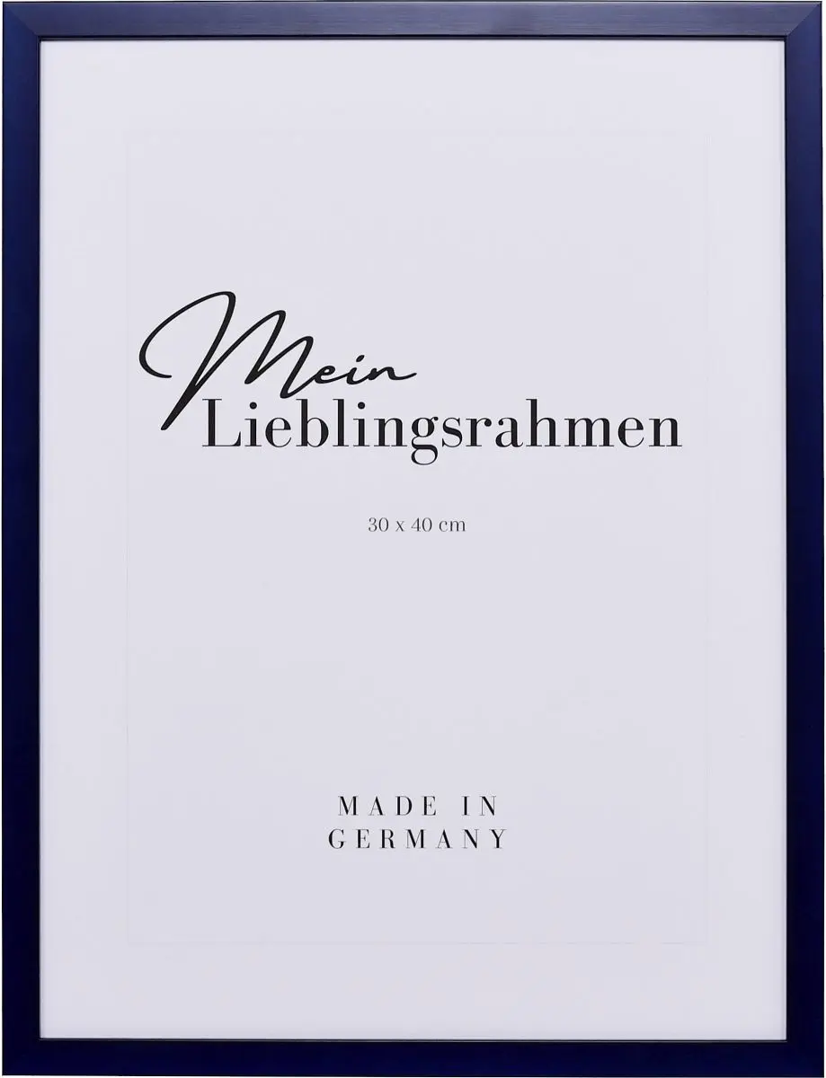 Frontansicht eines schmalen, blauen Bilderrahmens mit sichtbarer Holzstruktur und glatter OberflÃ¤che