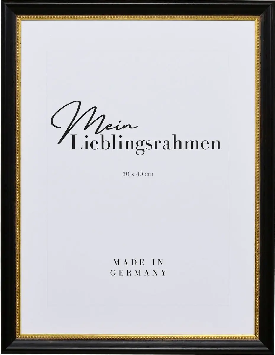Frontansicht eines schwarzen Holzrahmens mit von Hand aufgebÃ¼rsteten Schlagmetall und einem Perlstab an der Innenkante