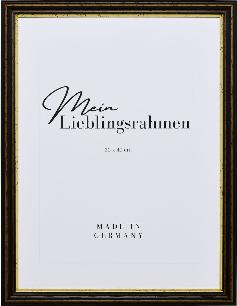 Frontansicht eines braunen Holzrahmens mit tiefer Hohlkehle und abgestufter Goldkante