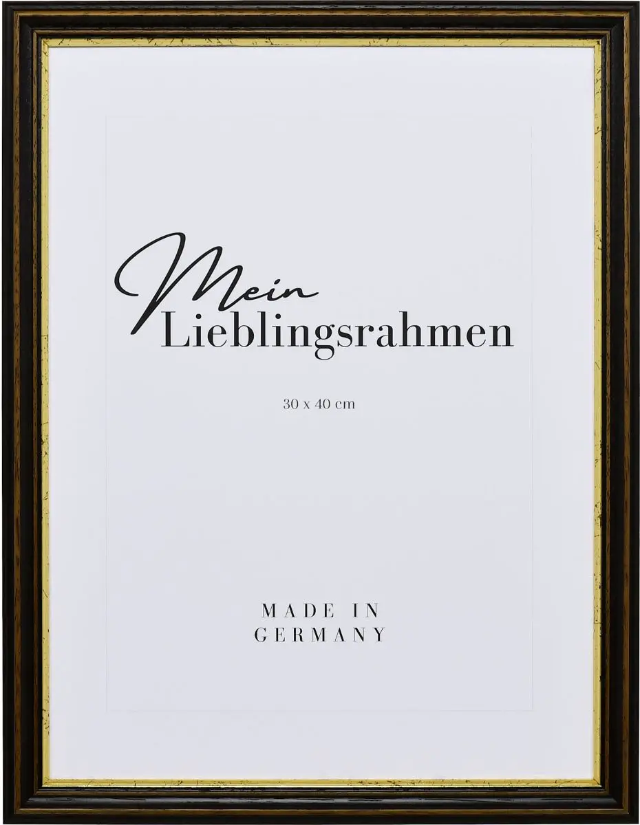 Frontansicht eines braunen Holzrahmens mit tiefer Hohlkehle und abgestufter Goldkante