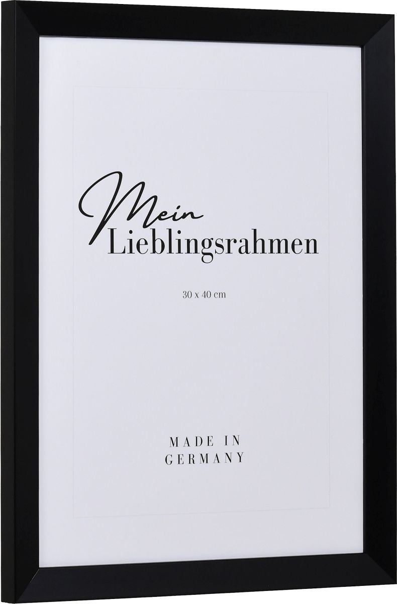 Zijaanzicht van een openporige, zwarte fotolijst met passe-partout