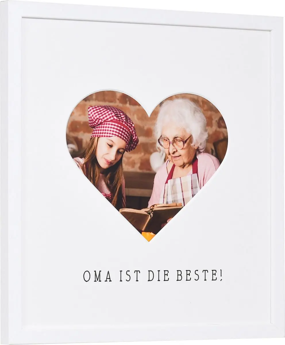seitliche Ansicht eines Bilderrahmens mit Herzausschnitt fÃ¼r Oma in der Farbe Weiss