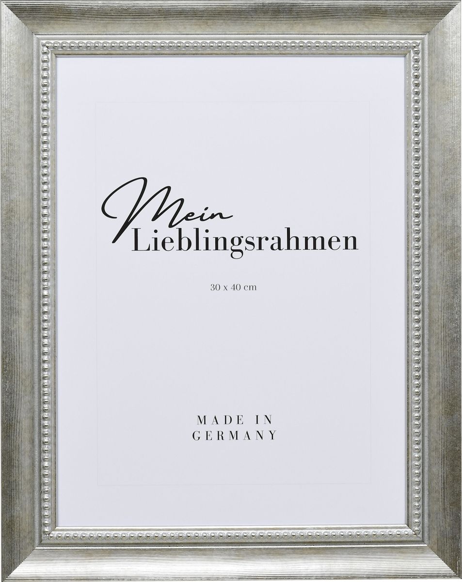 Frontansicht eines silbernen Bilderrahmens mit einer durch ein PrÃ¤gerad aufgebrachten OberflÃ¤che und einem Perlstab