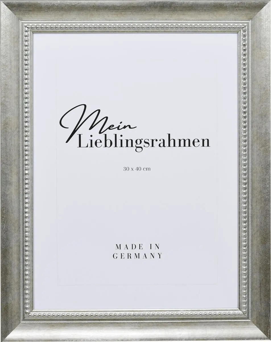 Frontansicht eines silbernen Bilderrahmens mit einer durch ein PrÃ¤gerad aufgebrachten OberflÃ¤che und einem Perlstab