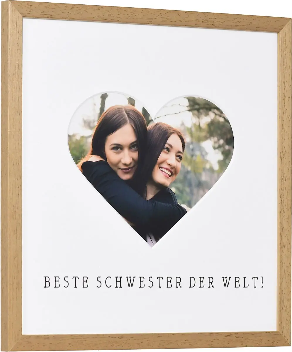 seitliche Ansicht eines Bilderrahmens mit Herzausschnitt fÃ¼r die beste Schwester der Welt in der Farbe Eiche