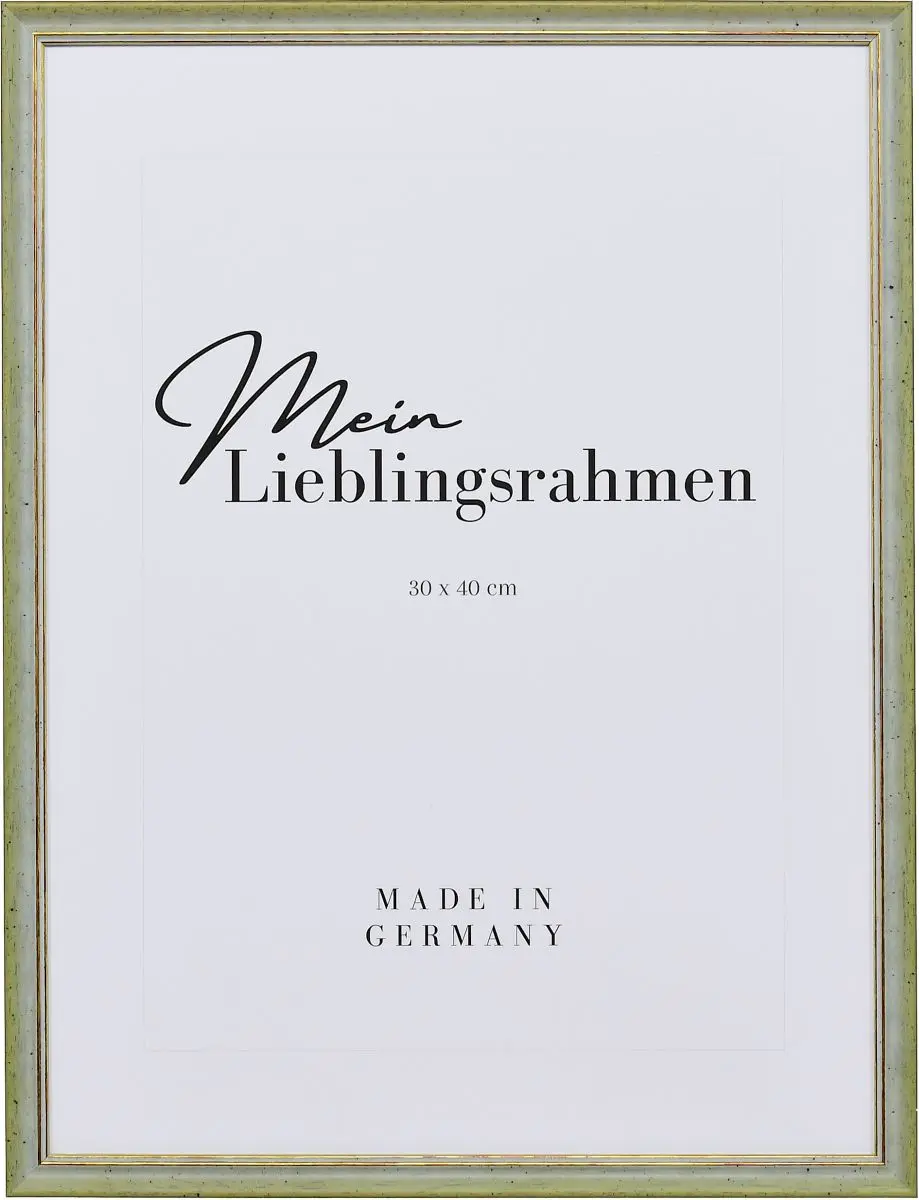 Frontansicht eines grÃ¼nen Vintage Holzrahmens mit leicht aufgerauter OberflÃ¤che und goldener Zierkante