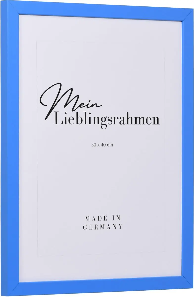 Seitenansicht eines blauen Bilderrahmens mit geschlossener, glatter OberflÃ¤che und wÃ¼rfelfÃ¶rmigem Profil