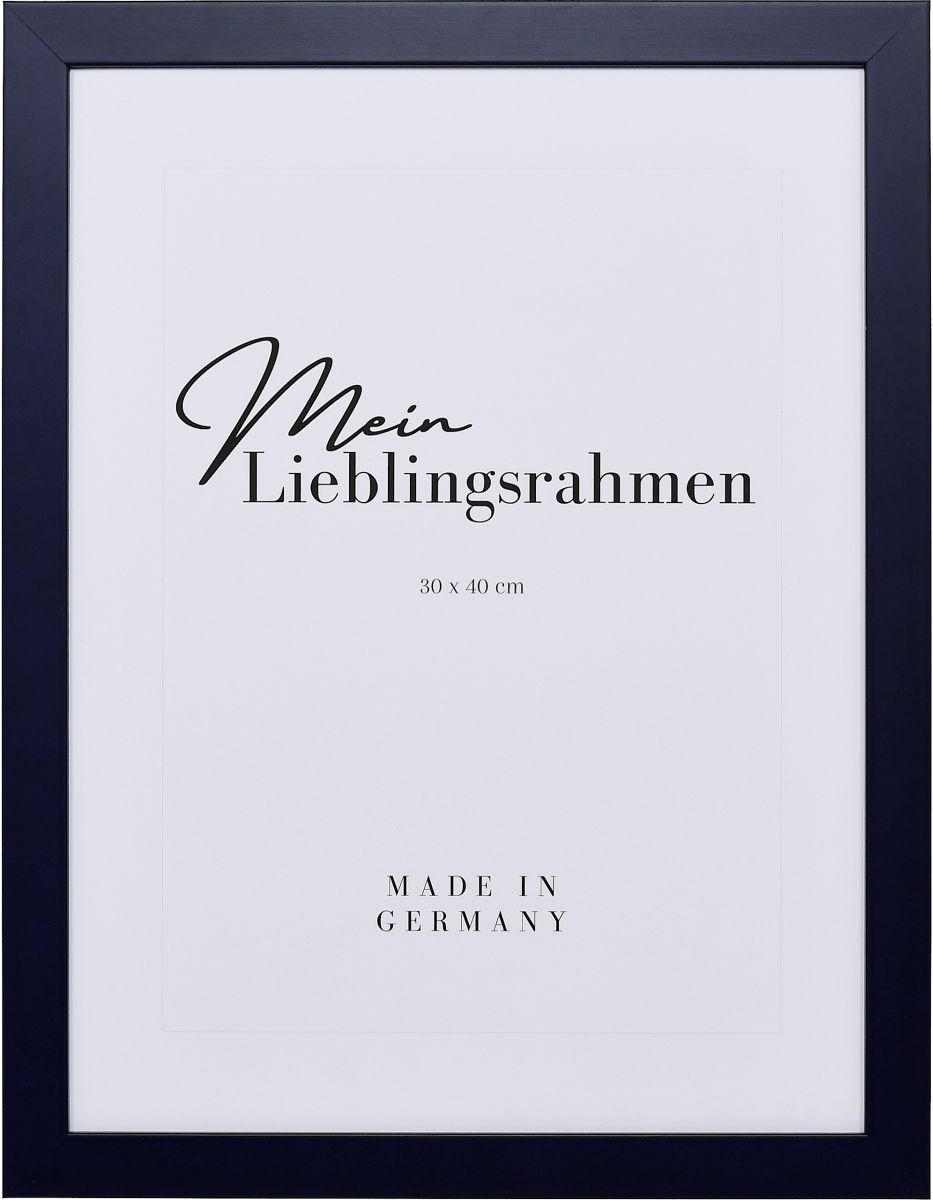 Frontansicht eines blauen Bilderrahmens mit sichtbarer Holzstruktur, glatter OberflÃ¤che und kantigem, schlichtem Profil