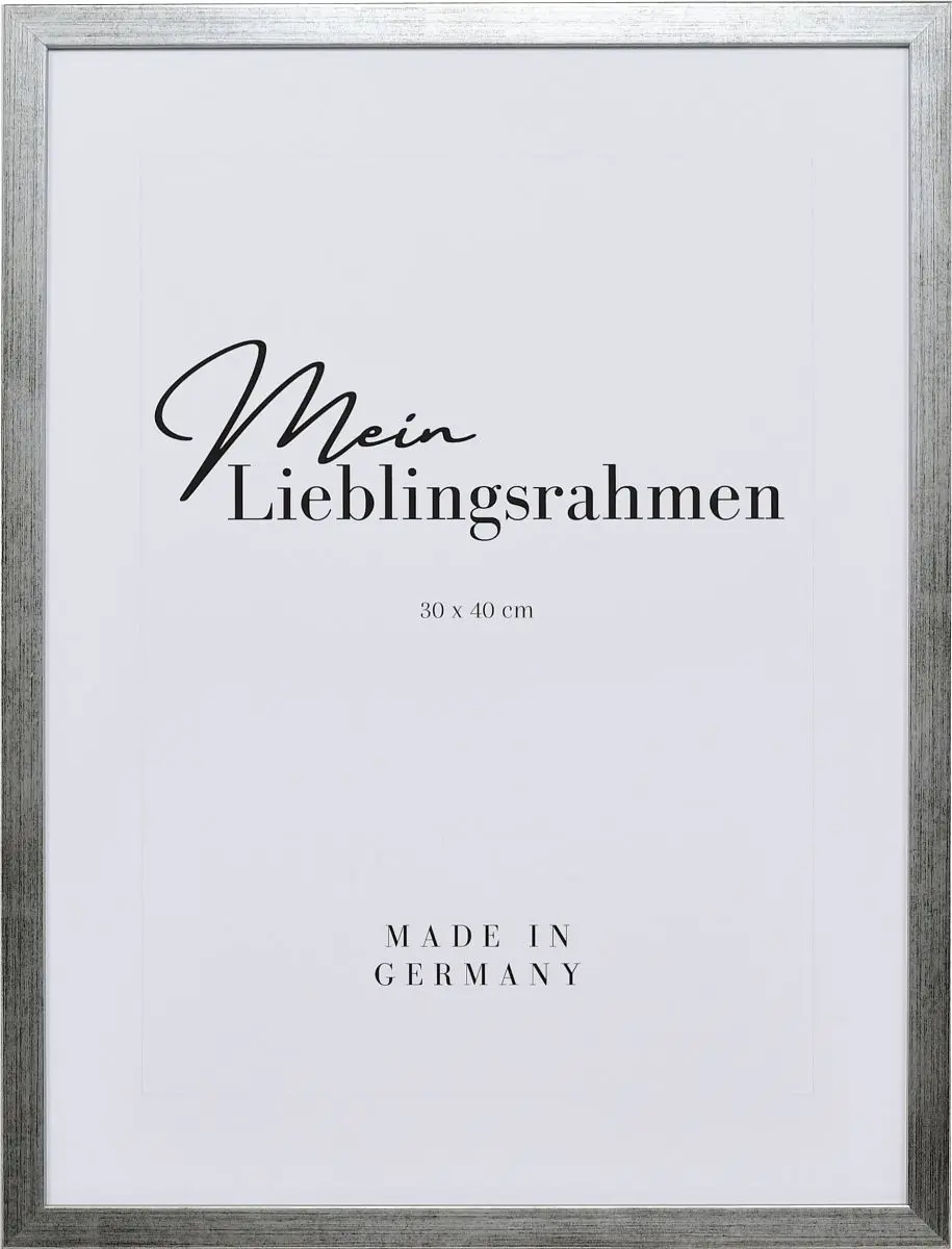 Frontansicht eines schmalen, silberner Bilderrahmens mit sichtbarer Holzstruktur und glatter OberflÃ¤che
