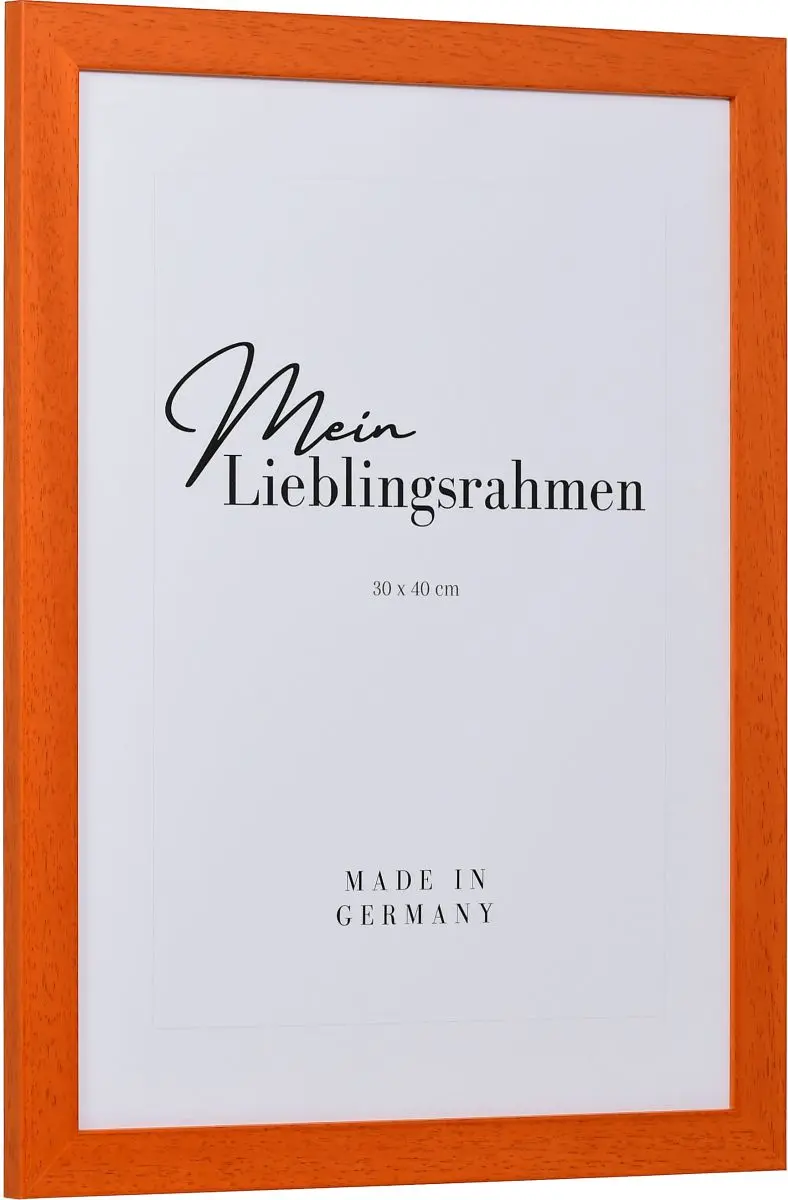 Seitenansicht eines orangenen Bilderrahmens mit sichtbarer Holzstruktur, glatter OberflÃ¤che und kantigem, schlichtem Profil