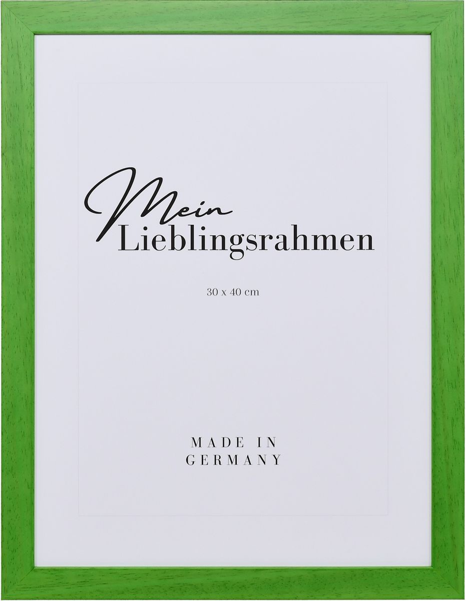 Frontansicht eines grÃ¼nen Bilderrahmens mit sichtbarer Holzstruktur, glatter OberflÃ¤che und kantigem, schlichtem Profil