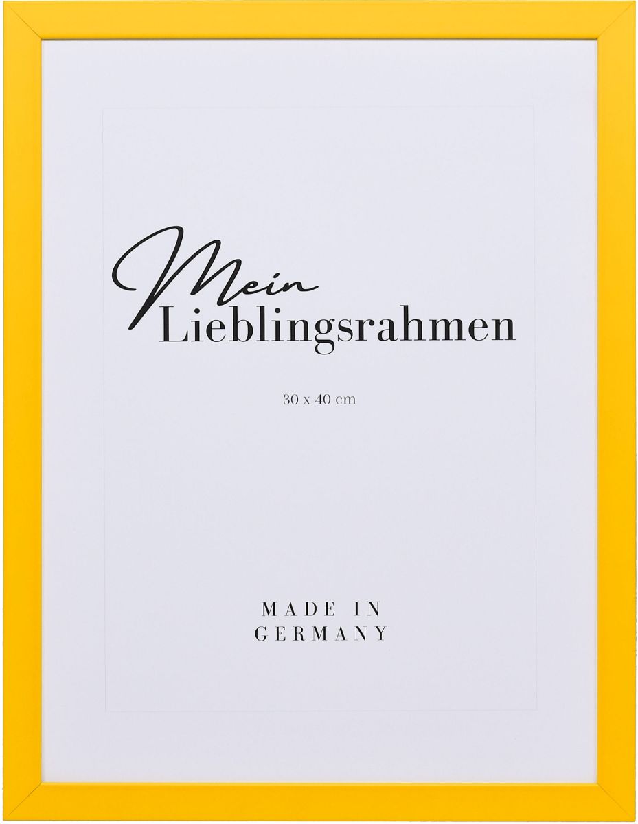 Frontansicht eines gelben Bilderrahmens mit geschlossener, glatter OberflÃ¤che und wÃ¼rfelfÃ¶rmigem Profil
