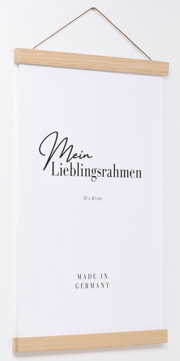 Seitenansicht eines eichenfarbenen Holz-PosterhÃ¤ngers
