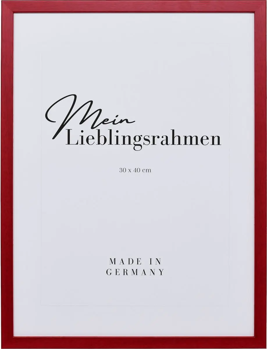 Frontansicht eines schmalen, roten Bilderrahmens, 40x60 cm, mit sichtbarer Holzstruktur und glatter OberflÃ¤che
