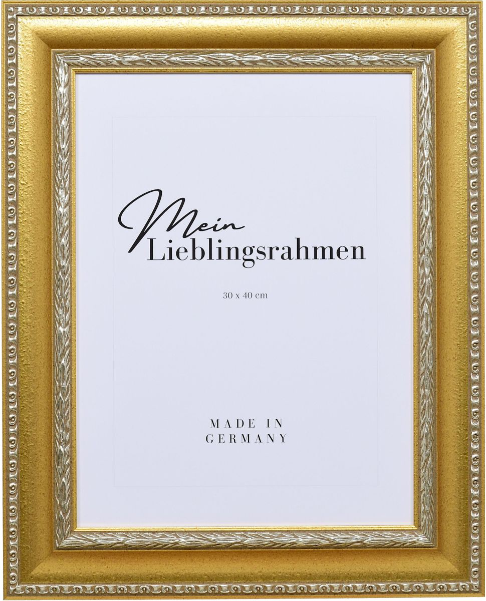 Frontansicht eines goldenen, pompÃ¶sen Bilderrahmens mit detailreichen Barockapplikationen
