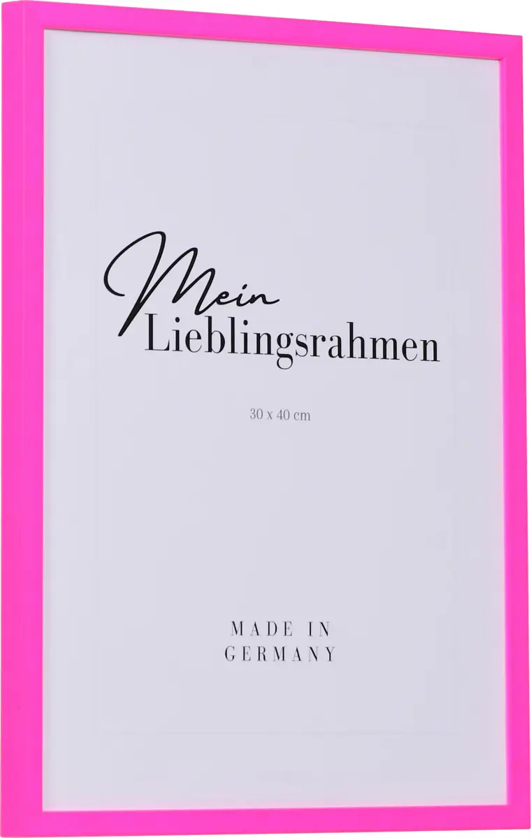 Zij-aanzicht van een houten fotolijst in moderne stijl in de kleur neonroze