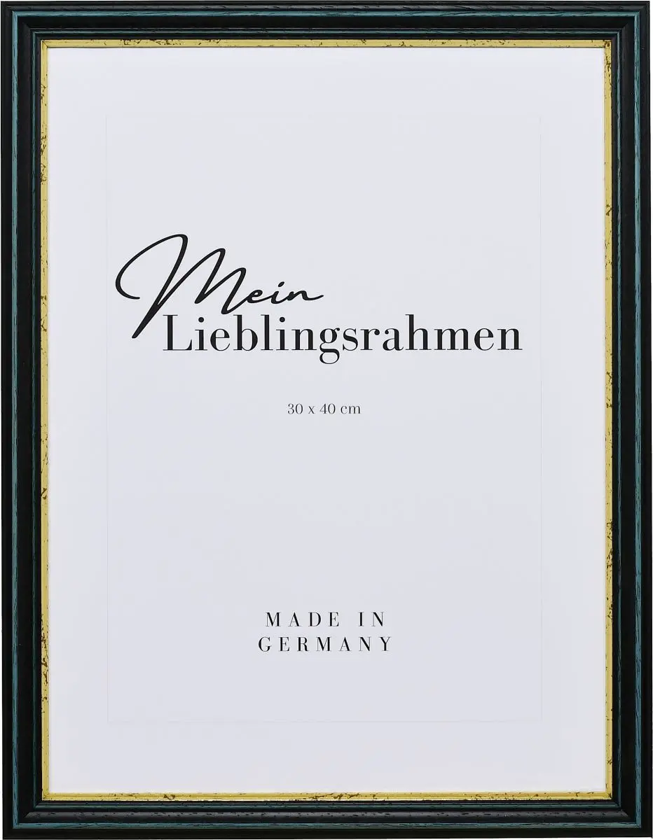 Frontansicht eines blauen Holzrahmens mit tiefer Hohlkehle und abgestufter Goldkante
