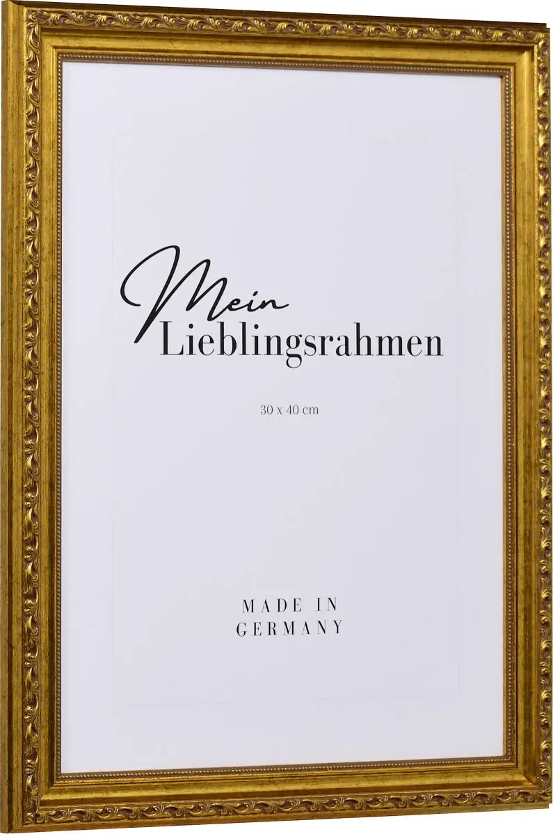 Seitenansicht eines verspielten, altgoldfarbenen, barocken Holzrahmens mit floralen Ornamenten und einen zarten Perlstab