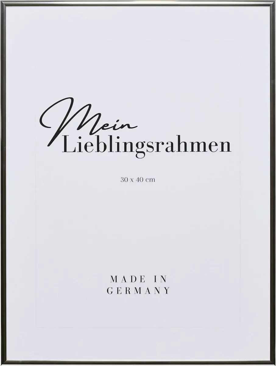 Frontansicht eines silbernen, extrem formstabilen Hochglanz-Aluminiumrahmens mit patentiertem Eckverbindersystem