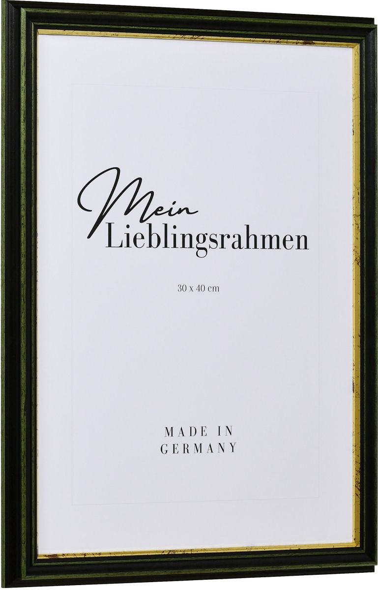 Seitenansicht eines grÃ¼nen, altmodischen Holzrahmens mit tiefer Hohlkehle und abgestufter Goldkante