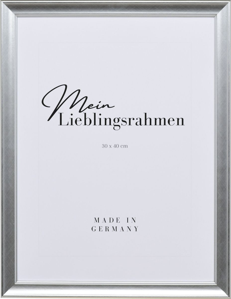 Frontansicht eines klassischen, silbernen Holzrahmens mit KreuzbÃ¼rstung, glatter OberflÃ¤che, Hohlkehle und einer gekehlten Innenkante
