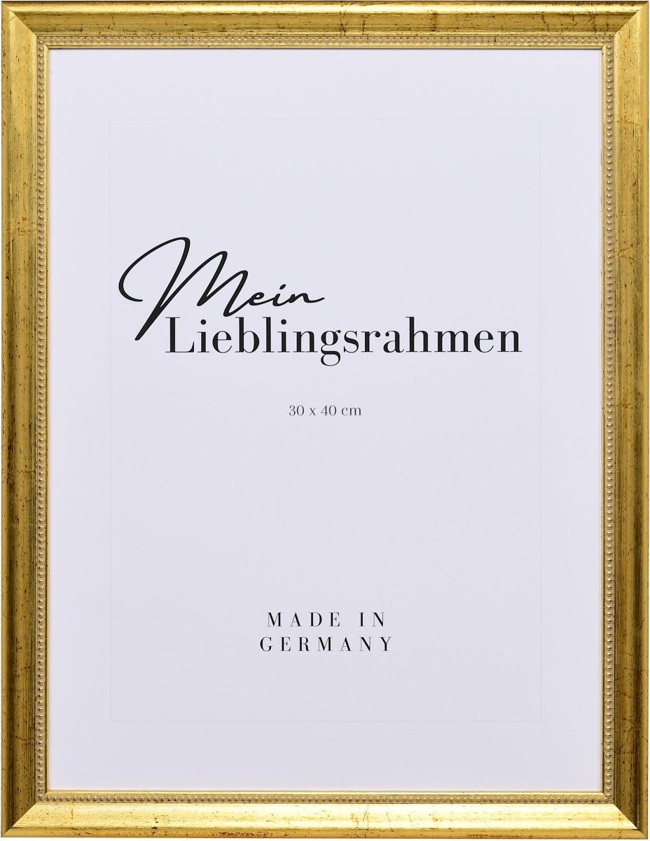Frontansicht eines goldenen Holzrahmens mit von Hand aufgebÃ¼rsteten Schlagmetall und einem Perlstab an der Innenkante