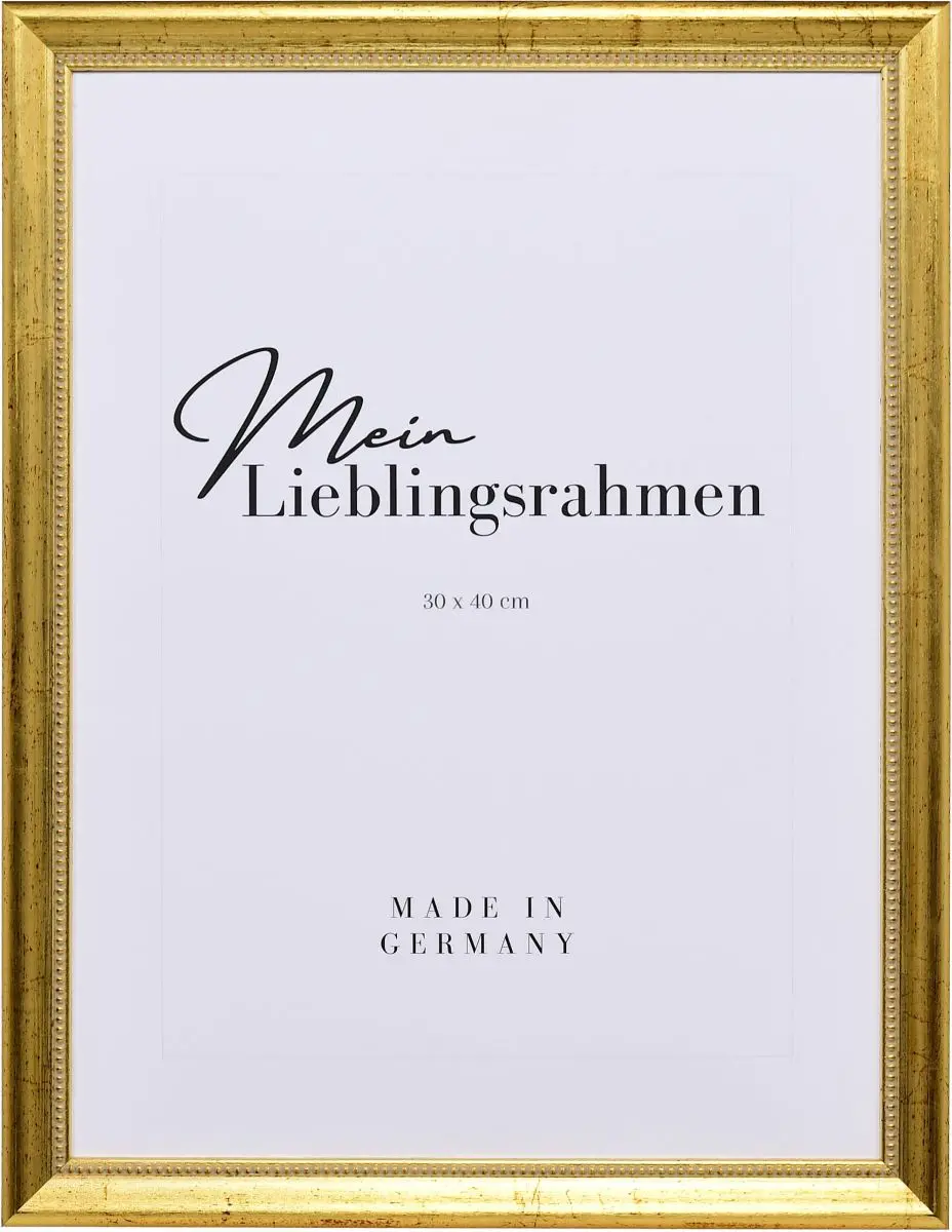 Frontansicht eines goldenen Holzrahmens mit von Hand aufgebÃ¼rsteten Schlagmetall und einem Perlstab an der Innenkante