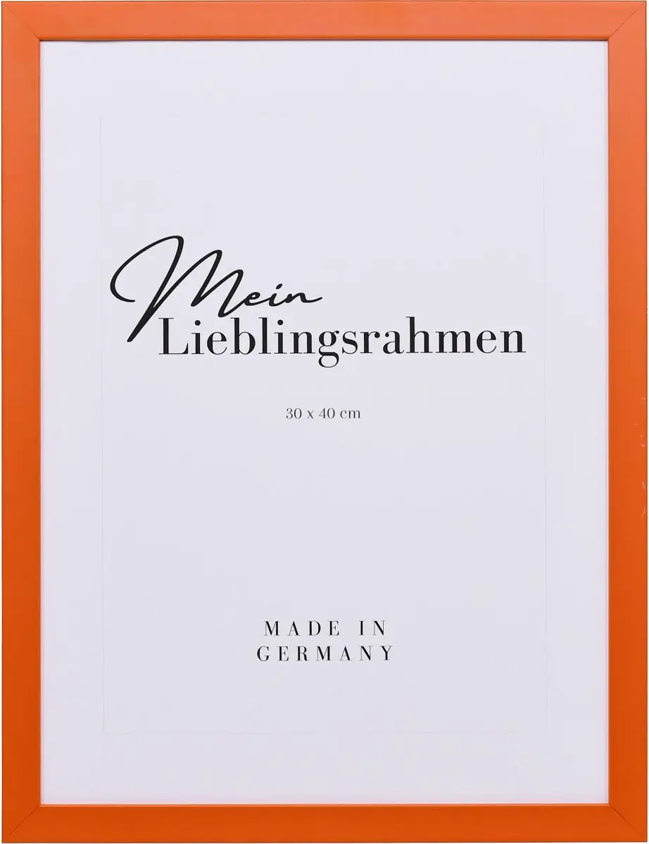 Frontansicht eines orangenen Bilderrahmens mit geschlossener, glatter OberflÃ¤che und wÃ¼rfelfÃ¶rmigem Profil