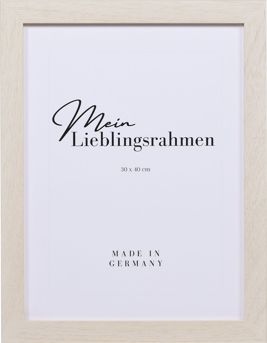 Frontansicht eines weissen Holzrahmens, 50x70 cm, offenporig lackiert mit sicht- und fÃ¼hlbarer Holzstruktur