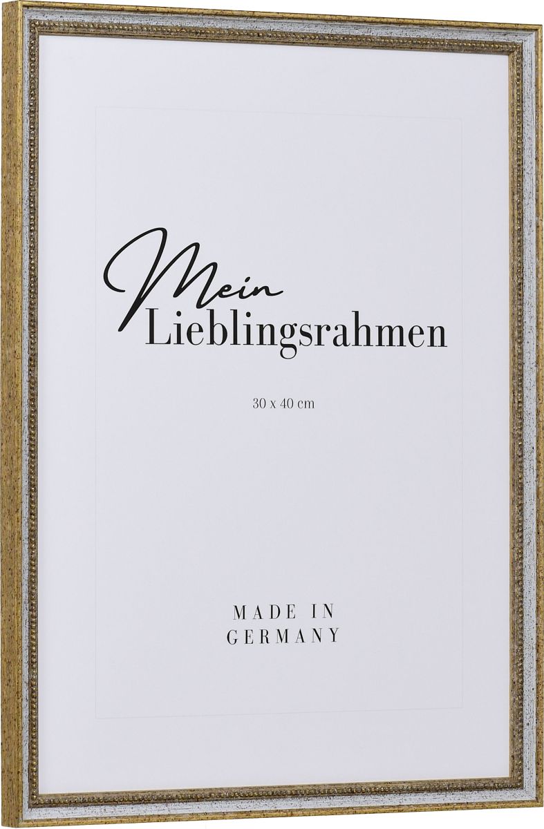 Seitenansicht eines klassischen, antiken Holzrahmens in der Farbe Weiss mit Perlkante