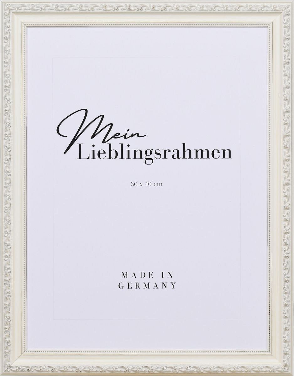 Frontansicht eines weissen, verspieltem, barocken Holzrahmens mit floralen Ornamenten und einen zarten Perlstab