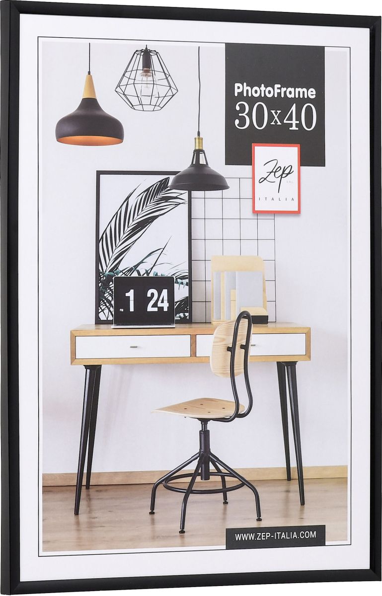 Zijaanzicht van een smalle kunststof lijst in de kleur zwart